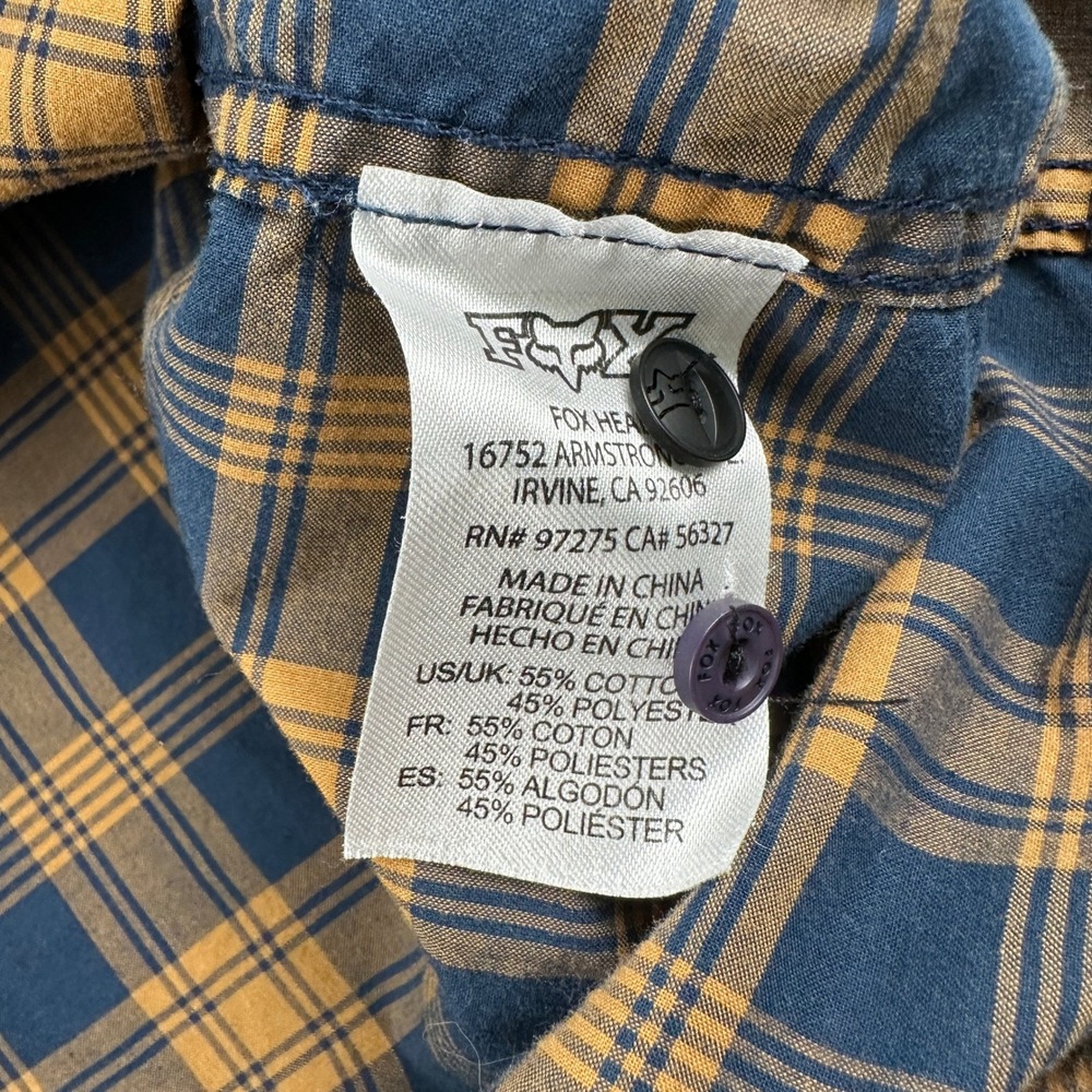 Fox Racing Button Up Shirt Mens Large Blue Yellow Plaid Heritage Long Sleeve - Picture 6 of 7